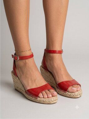 Orangey Red Patent Leather Wedge Espadrille Sandals - 5, made in Spain 🇪🇸